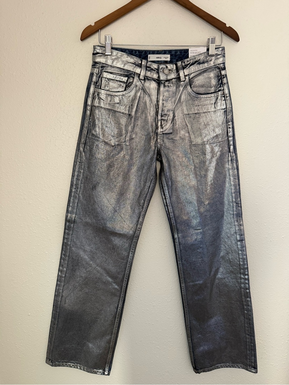 NWT Mango MNG Silver Metallic Mid Rise Straight Leg Jeans US 2 EUR 34